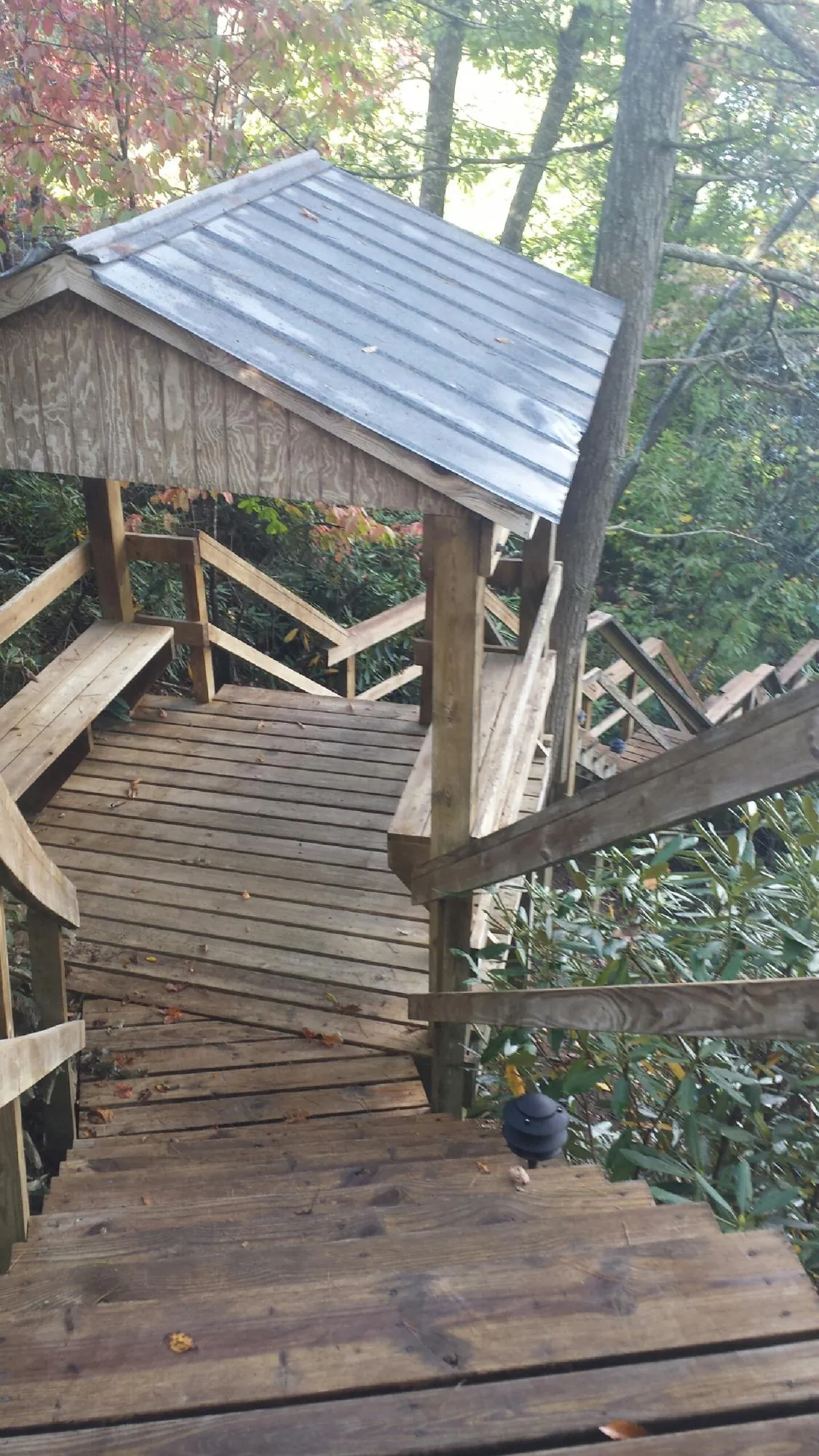 Metal roofed shelter over wooden steps on a wooded walkway — Skylight Repair & Installation work by our crew in Port Royal
